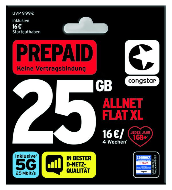 congstar Prepaid Allnet XL mit 5G 25 / 25 GB Datenvolumen im Telekom Netz Allnet Flat innerhalb Deutschlands