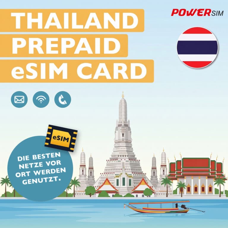 Thailand Prepaid eSIM von Power Sim mit thailändischer Flagge vor dem Tempel Wat Arun in Bangkok